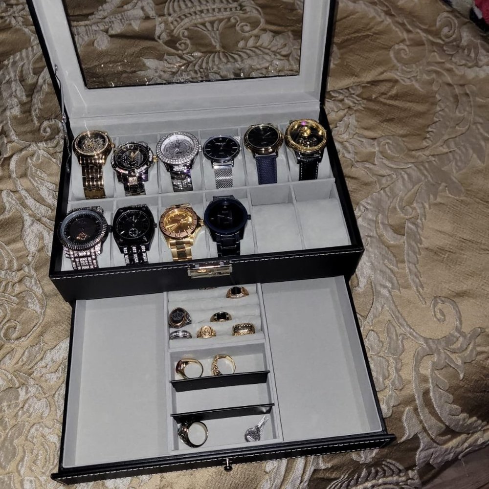 12 Slot Watch Box, PU Leather Case Organizer with Jewelry Drawer